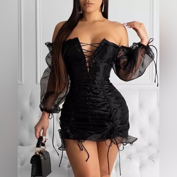 Mesh Lace-Up Drawstring Design Ruched Dress - Picture 1 of 4